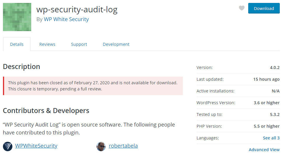 Should maintained plugins be suspended from the WordPress repository when there is a security issue?