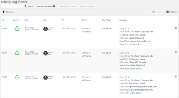 Activity log for WPForms update: logs of entry edits & access control settings changes