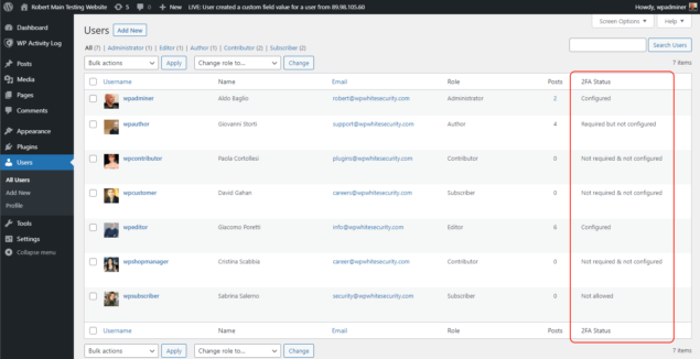 WP 2FA 1.6.0: New users’ 2FA status column & customizable redirects after 2FA setup